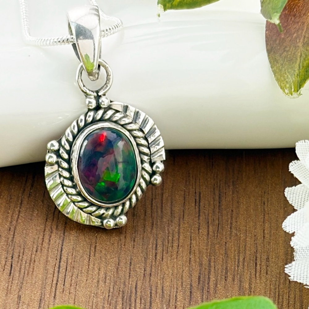 Ethiopian Black Opal Gemstone Pendant Pure Sterling Silver 925 Boho Southwest
